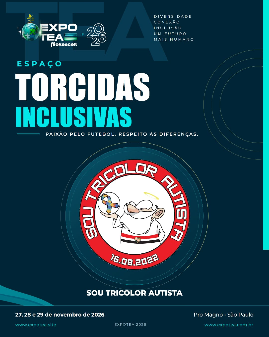 Arte oficial da ExpoTEA 2026: Sou Tricolor Autista
